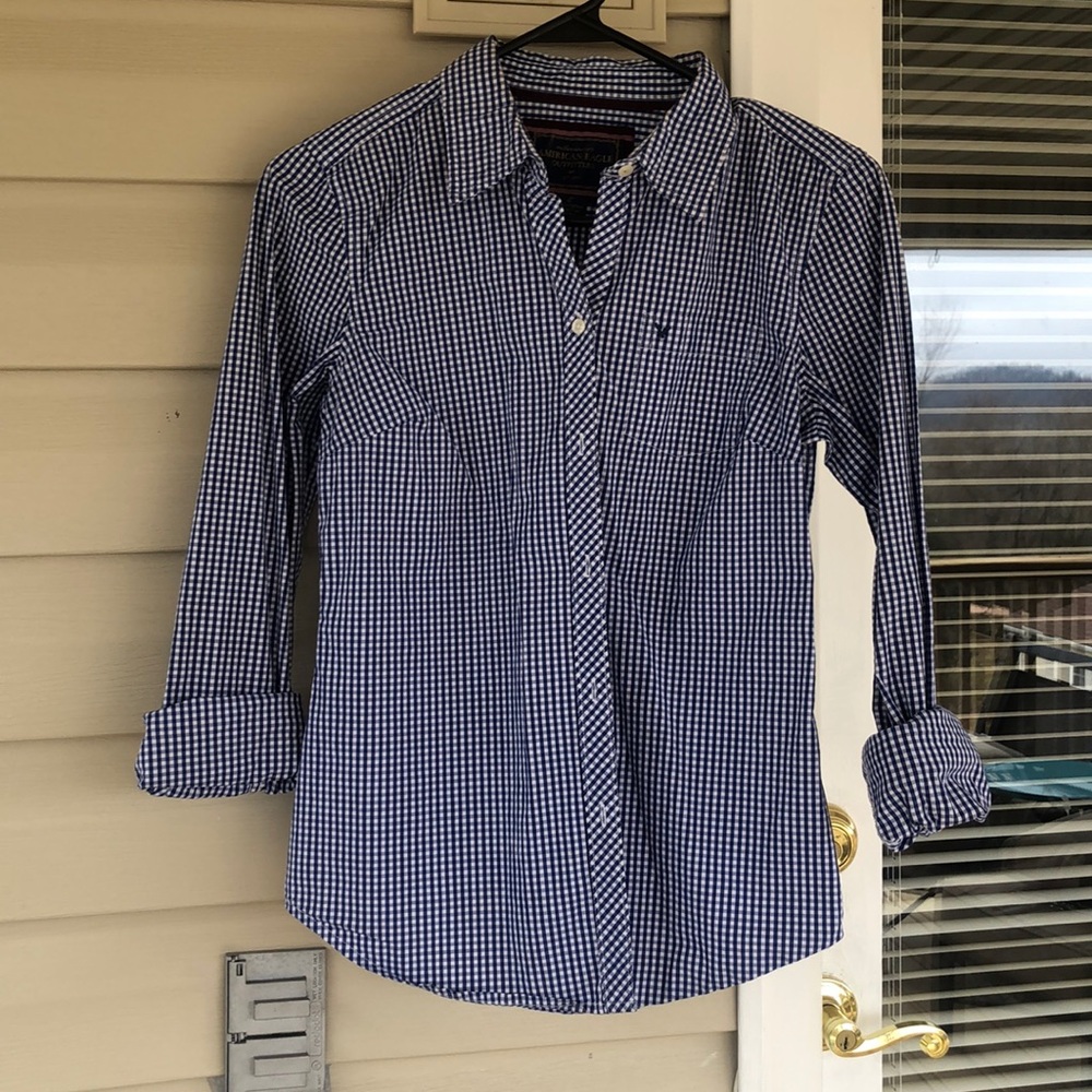 Button front long sleeve blue gingham shirt